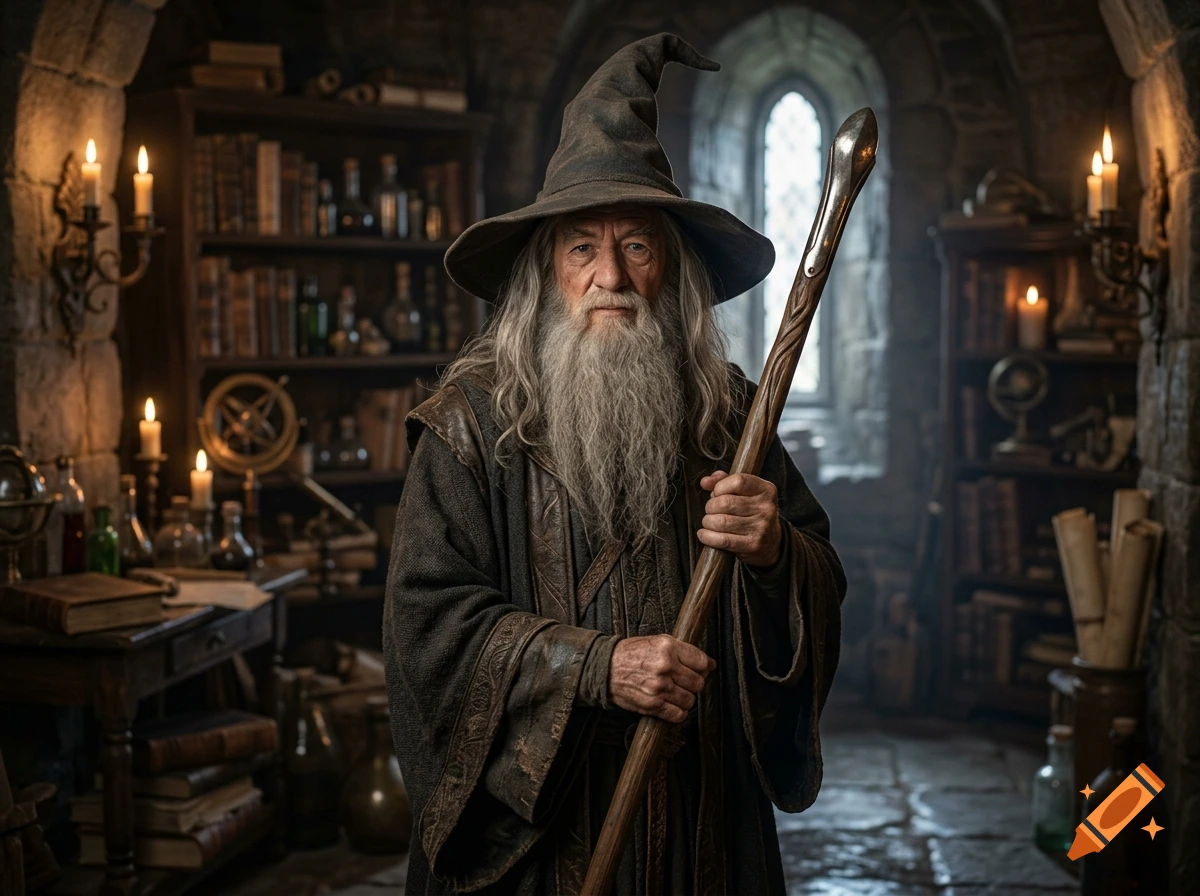 An elderly wizard with a long grey beard, pointed hat, and robes holds a staff inside a stone library room filled with bookshelves and lit candles.