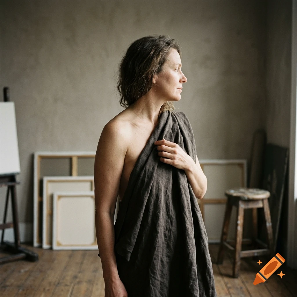 Photorealistic side profile of a woman draped in a brown linen fabric inside an artist's studio with canvases and a stool.