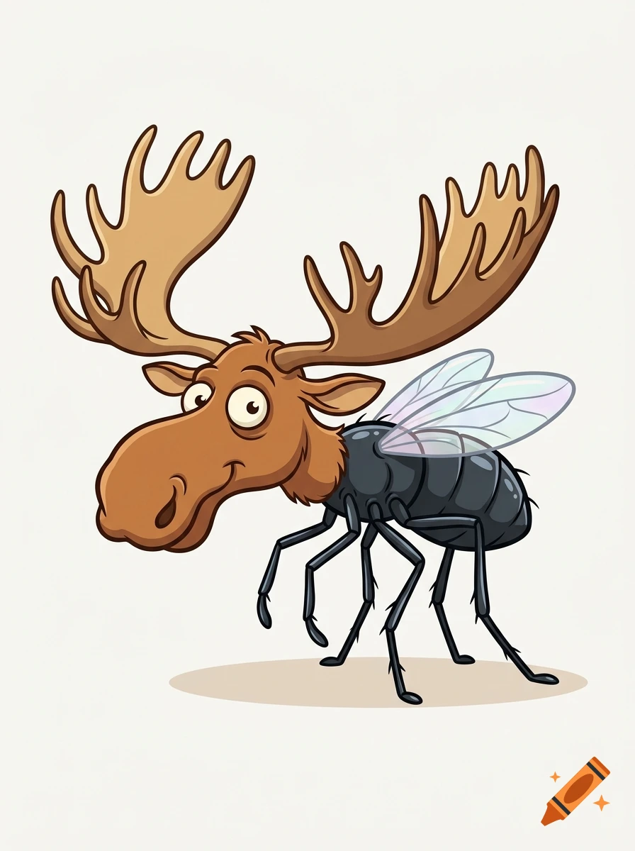 Cartoon illustration of a hybrid creature with a moose head and antlers, and a housefly body, wings, and legs.