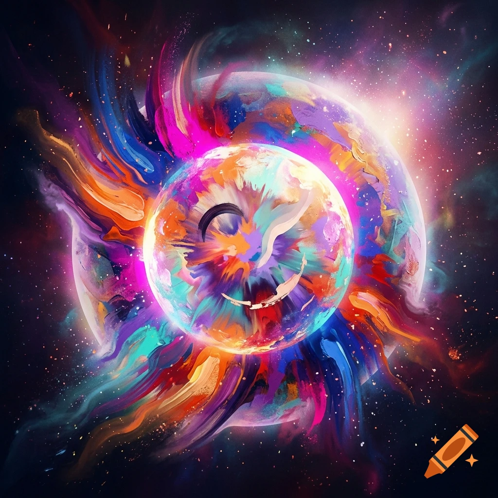 Vibrant abstract cosmic artwork featuring a glowing, colorful planet surrounded by swirling nebulas and star-filled space.
