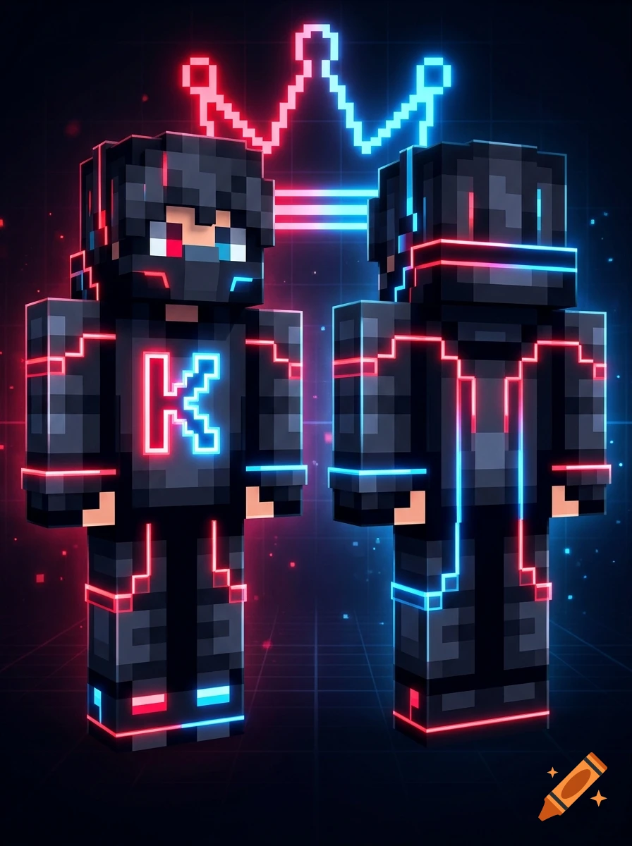 Minecraft character skin with black hoodie, red and blue neon lines, glowing K on the chest, and a neon crown floating behind.