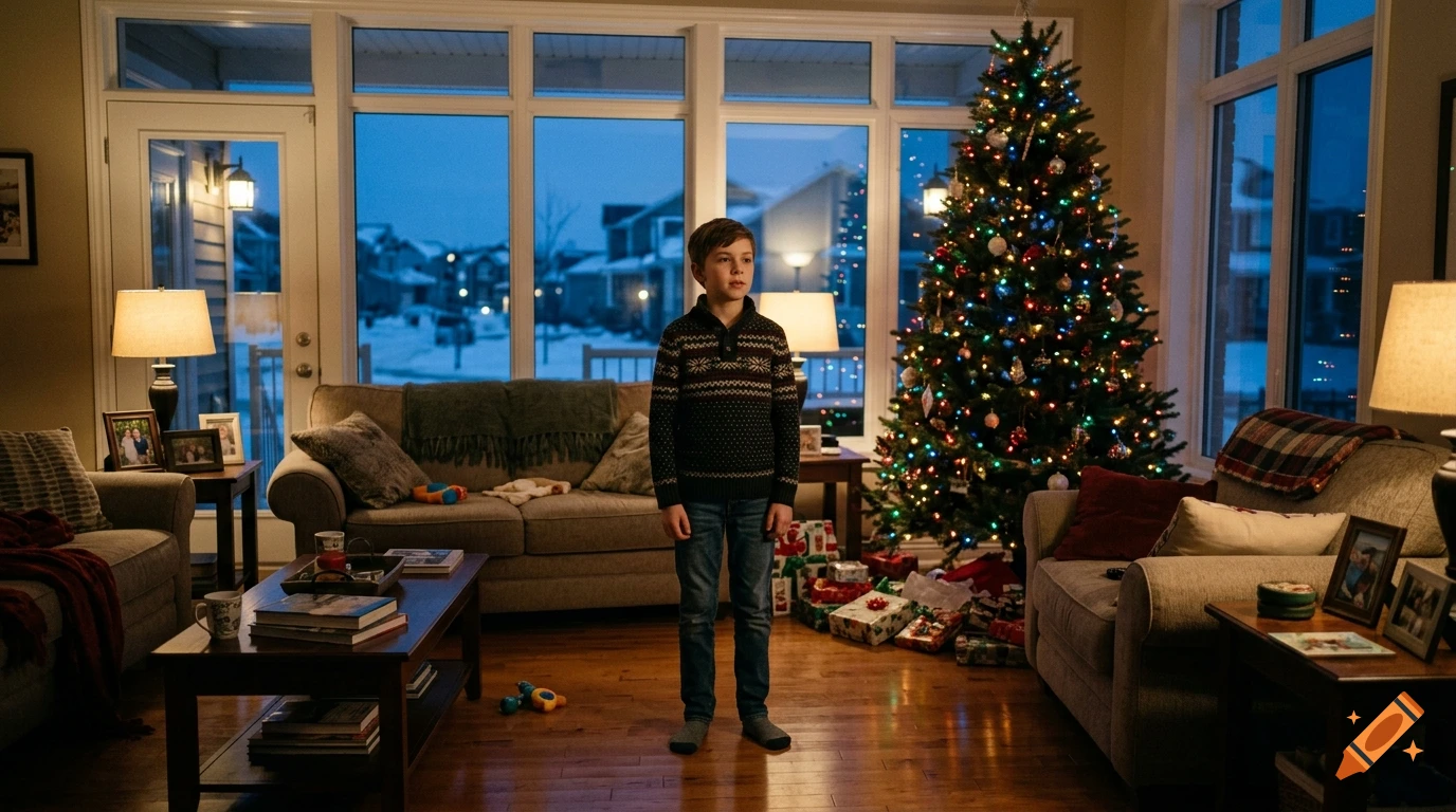 A young boy standing alone in a living room decorated for Christmas with a large tree and wrapped gifts.