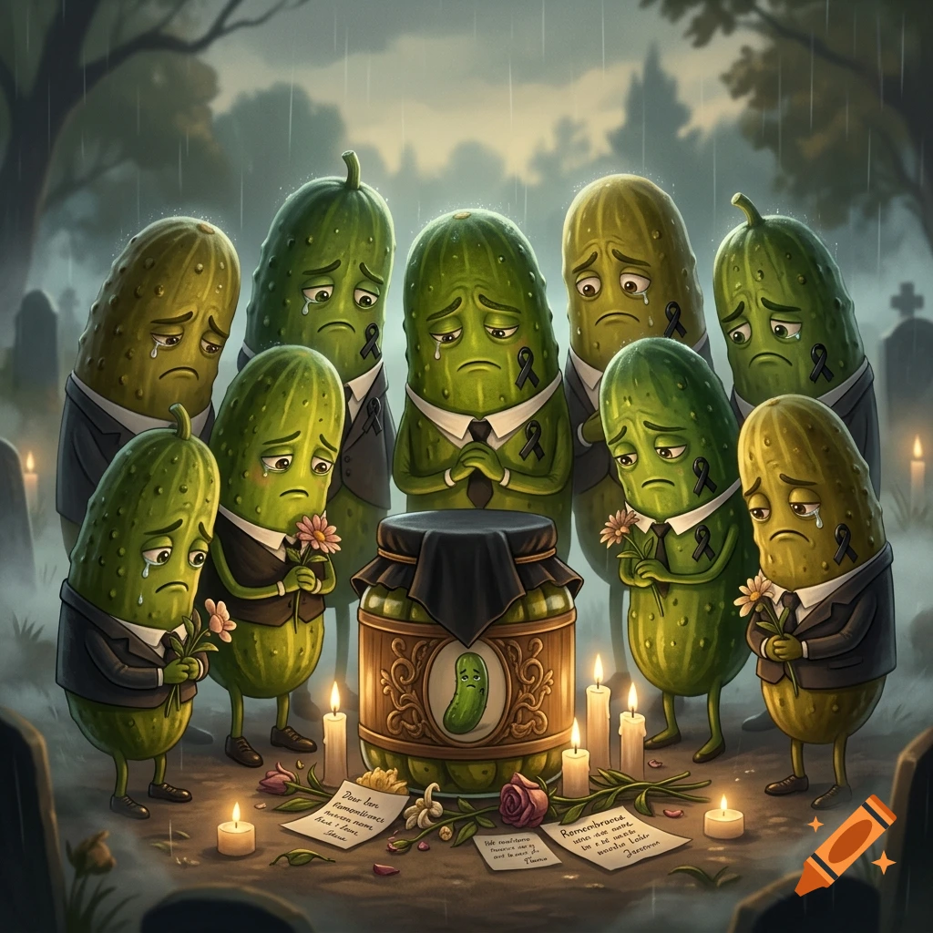Cartoon illustration of anthropomorphic pickles in black suits mourning around a barrel coffin in a graveyard during rain.