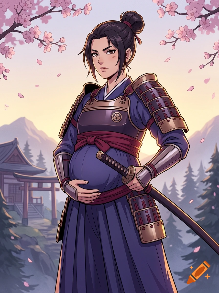 Anime style illustration of a pregnant samurai woman in traditional armor standing before a shrine and cherry blossom trees.