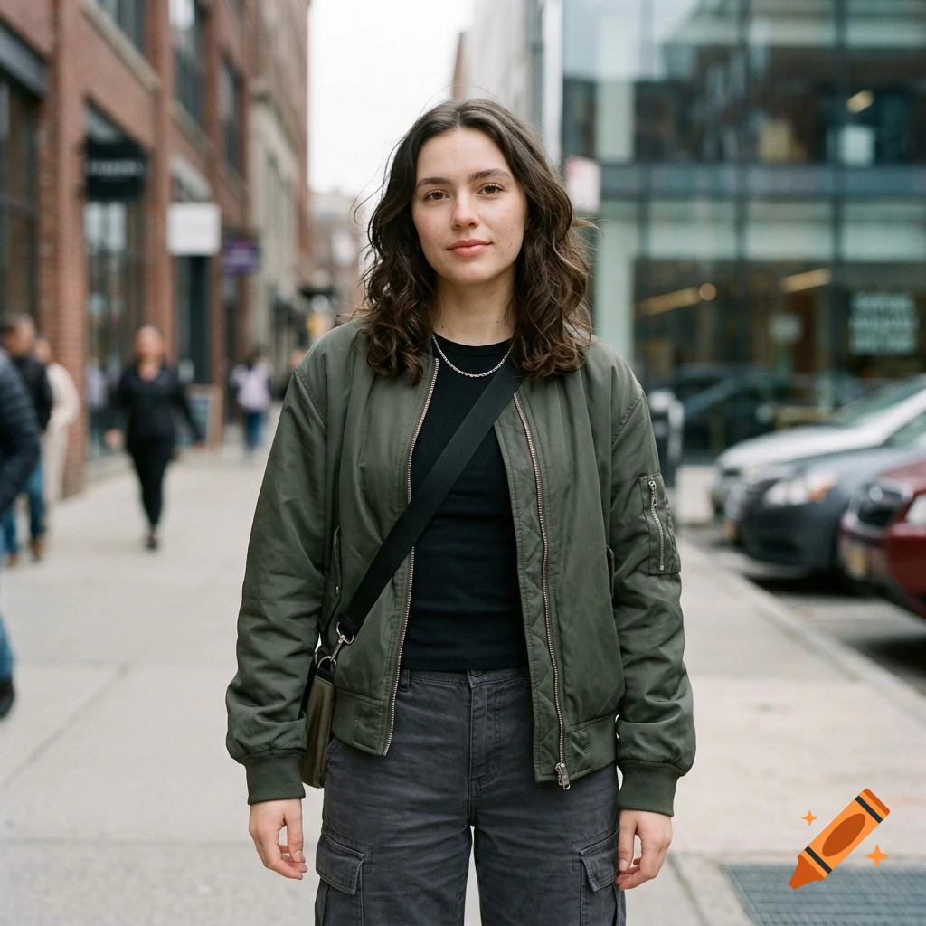 Photorealistic portrait of a young woman with dark wavy hair wearing an olive green bomber jacket on a city sidewalk.