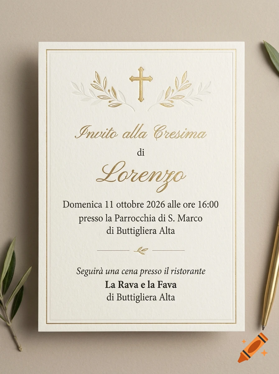 Cream-colored confirmation invitation card for Lorenzo with gold foil text, a cross, and olive branches on a neutral background.