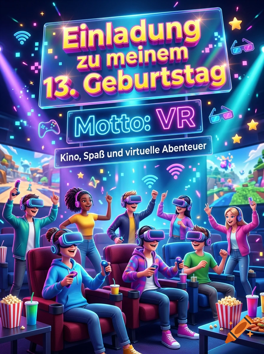 3D cartoon illustration of teenagers in a cinema wearing VR headsets, celebrating a 13th birthday with neon signs overhead.