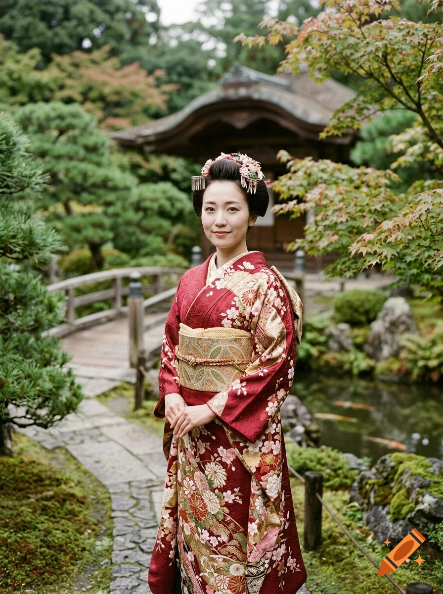 Photorealistic image of a Japanese woman in a red patterned kimono standing in a traditional Japanese garden with a bridge and koi pond.