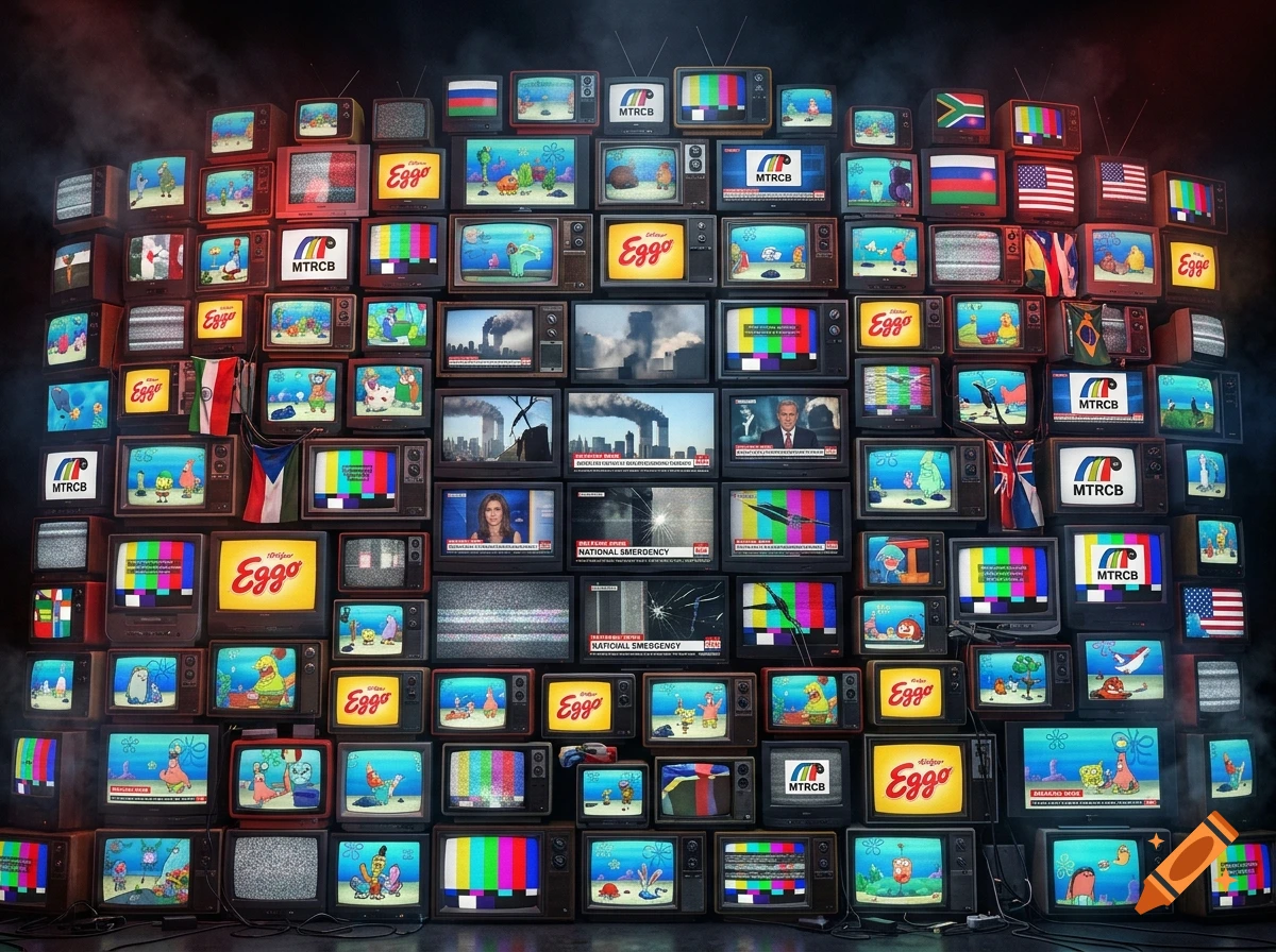 A massive wall of numerous vintage television sets displaying various cartoon characters, test patterns, and news screens.