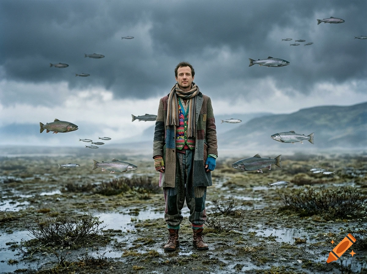 Photorealistic portrait of a man in a patchwork coat and scarf standing in a muddy landscape while trout swim through the air around him.