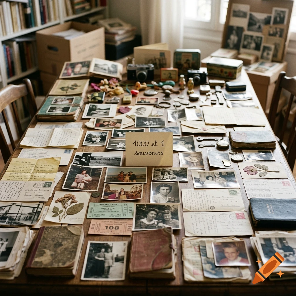 Overhead view of a wooden table covered in old photographs, letters, tickets, and books, featuring a card that reads 1000 et 1 souvenirs.