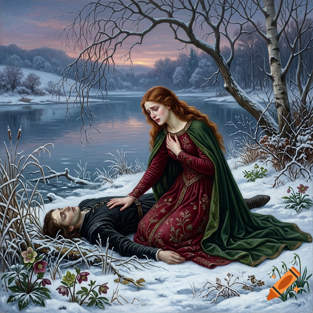 Pre-Raphaelite style painting of a red-haired woman weeping over a fallen man by a winter lake at dusk.