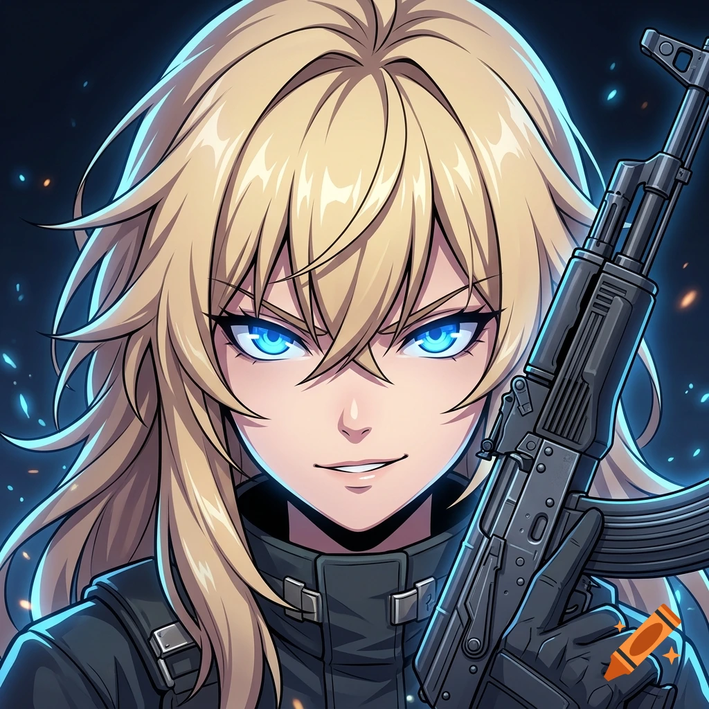 Close-up portrait of a blonde anime-style character with glowing blue eyes holding a rifle.