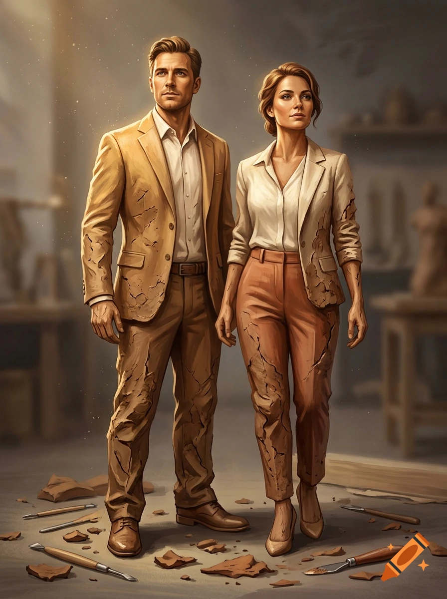 An illustrated full-body portrait of a man and a woman in business attire, appearing half-formed from clay in a studio.