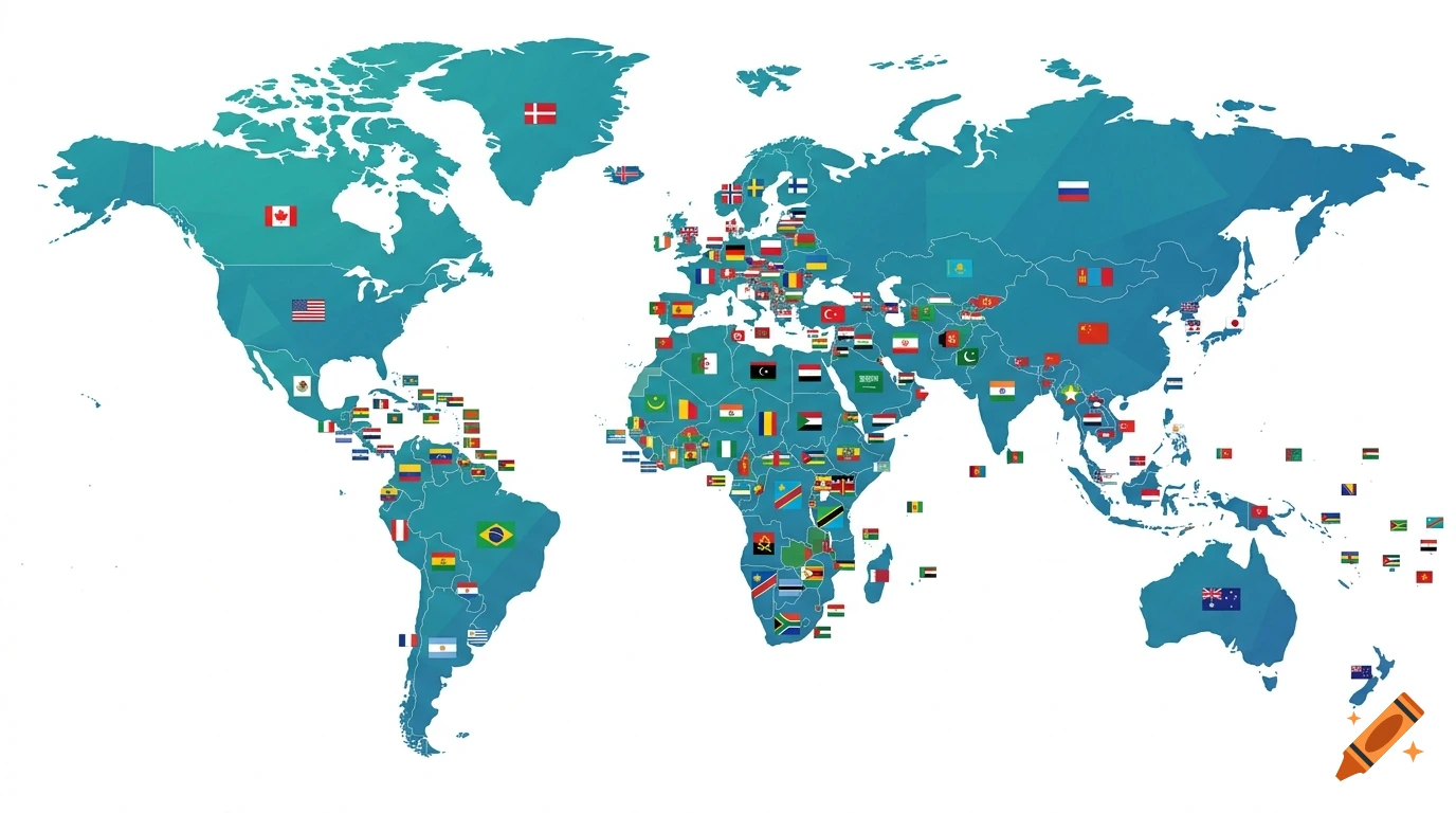 A stylized world map in shades of blue featuring small national flags overlaid across continents.