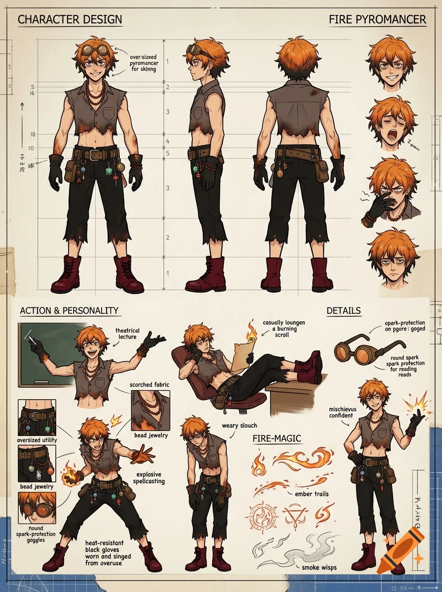 Retro anime-inspired concept art sheet of a male fantasy pyromancer character with turnaround views and expressions.