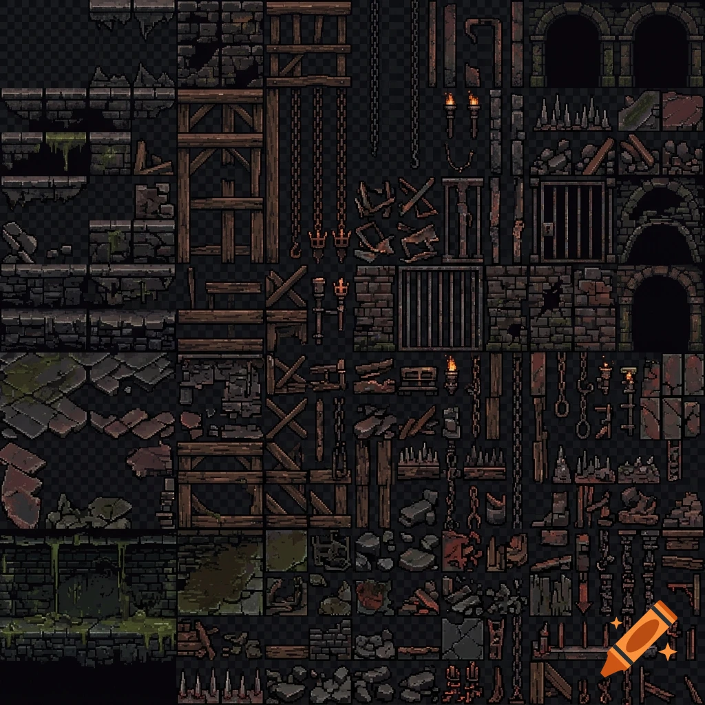 Pixel art sprite sheet of medieval dungeon tileset including walls, chains, spikes, and wooden platforms on a transparent background.
