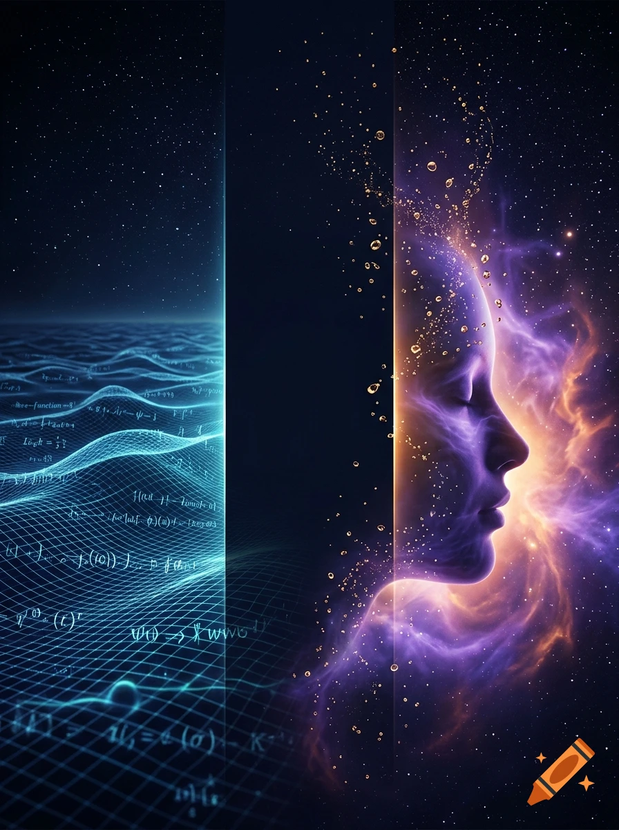 An abstract digital artwork split vertically, showing a grid of mathematical formulas over a starry expanse on the left and a translucent human profile surrounded by cosmic nebulae on the right.