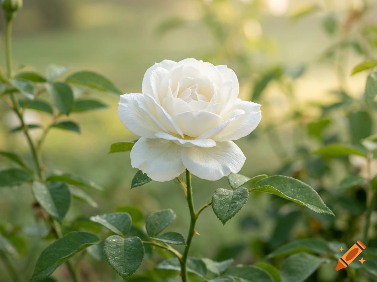 Photorealistic close-up of a blooming white rose with dew drops on its petals, surrounded by green leaves in a garden.