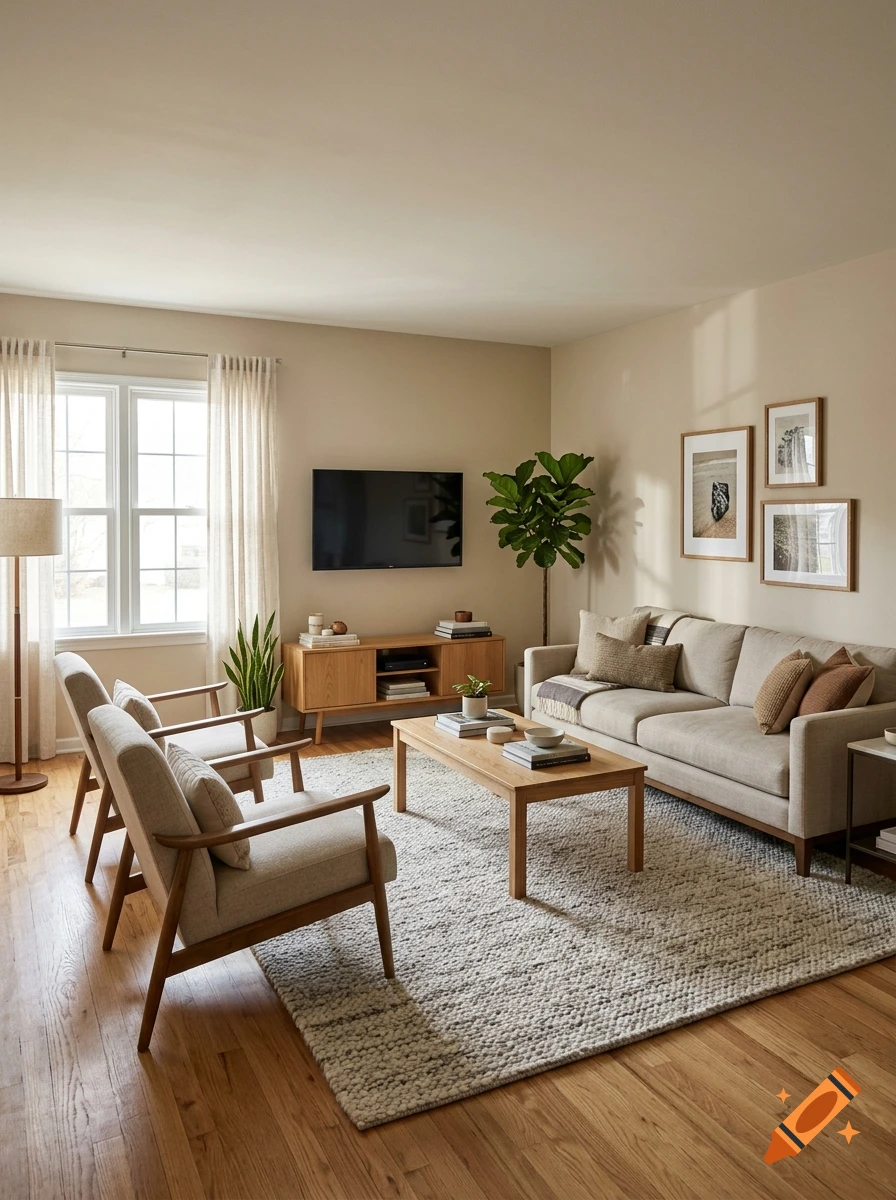 Photorealistic living room interior with a beige sofa, two armchairs, a coffee table, and a TV on the wall.