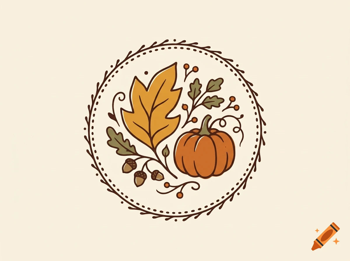 Fall-themed vector illustration featuring an orange pumpkin, yellow oak leaf, acorns, and berries inside a circular decorative border.