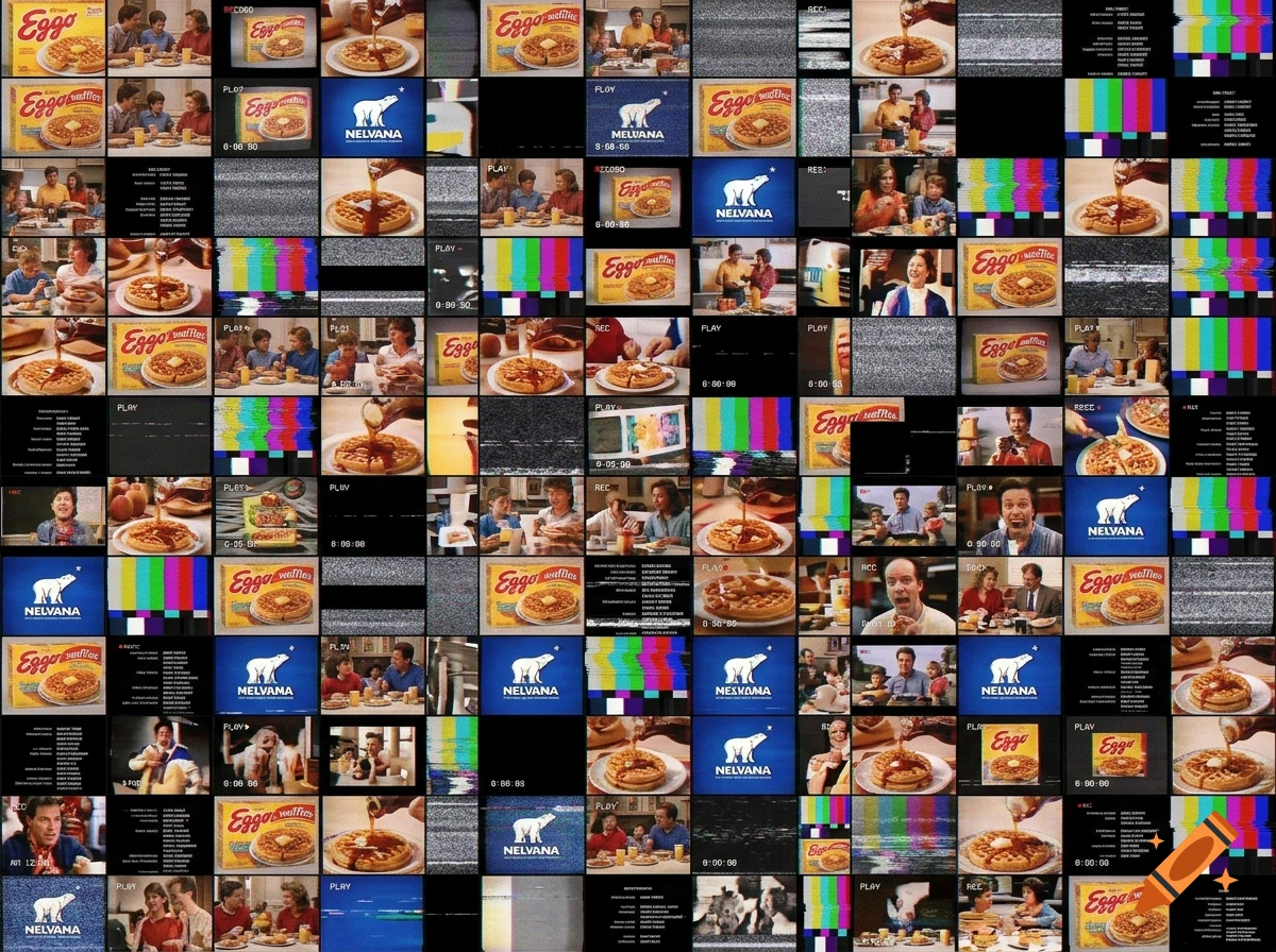 Grid collage of vintage 4:3 Eggo waffle commercials with VHS tracking errors, static lines, and Nelvana logos.