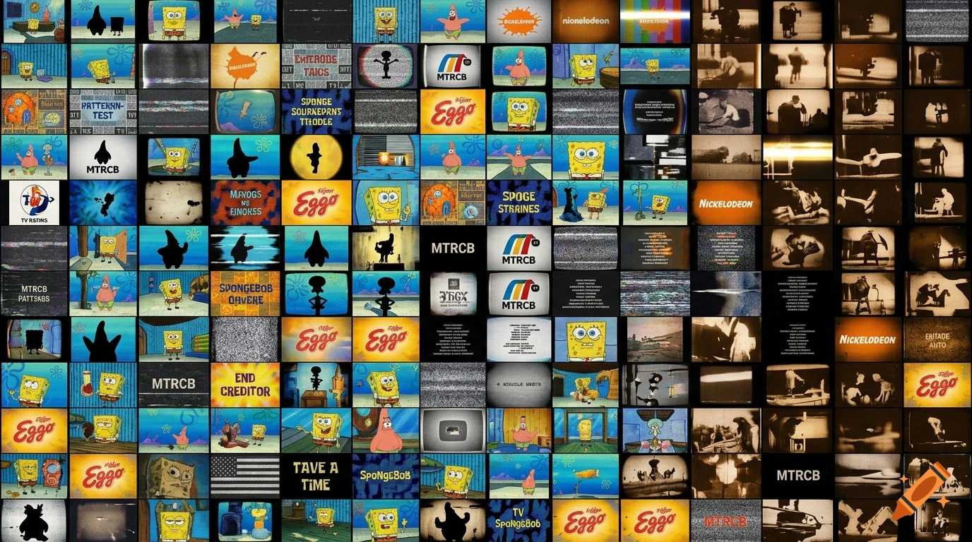 A large grid collage of 400 small screens featuring SpongeBob SquarePants episodes, VHS static, old film reels, and logos.