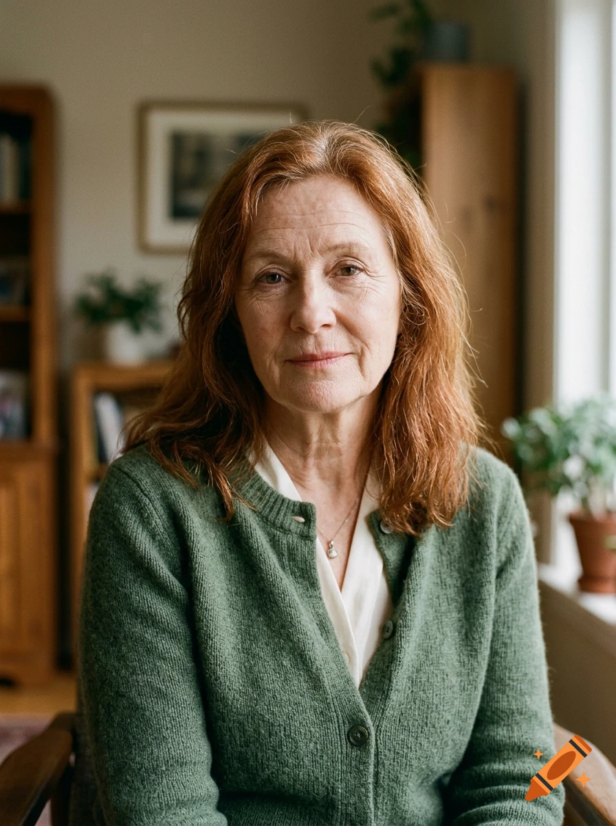 Photorealistic portrait of an older woman with red hair wearing a green cardigan in a cozy living room.