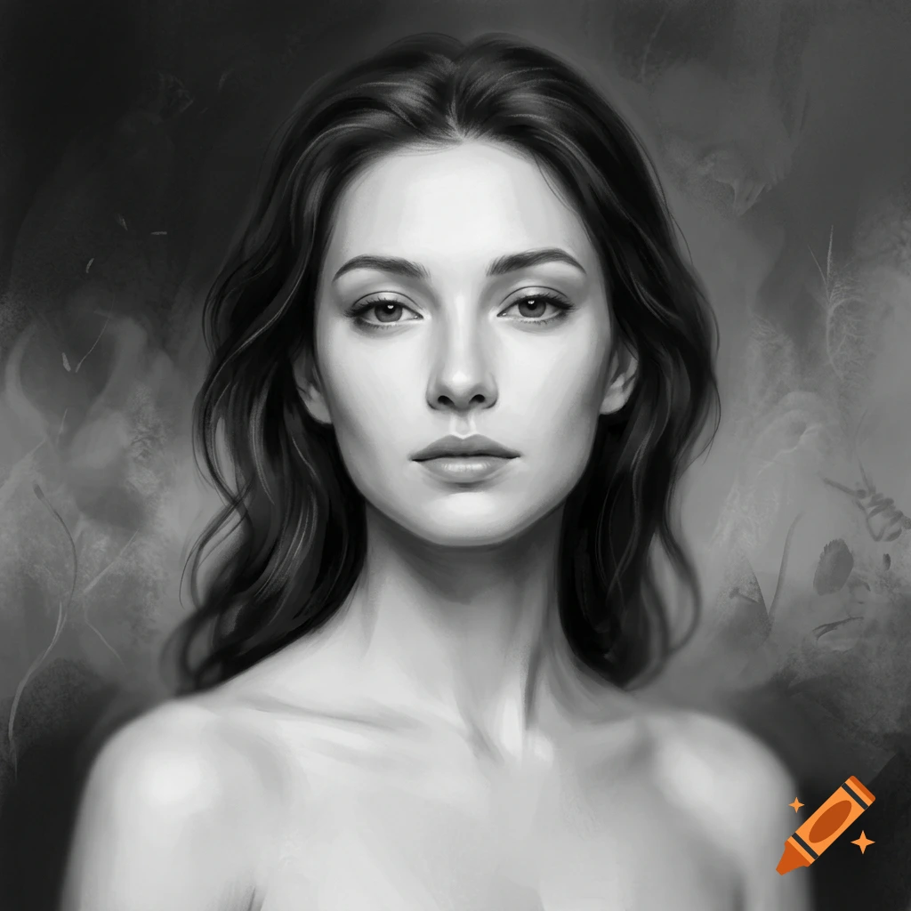 Digital art portrait of a woman with dark wavy hair in black and white with a soft brush style.