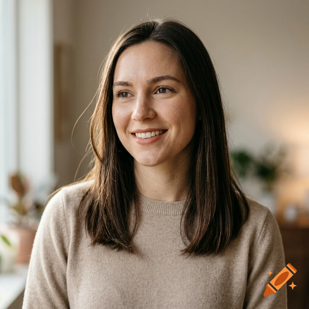 Photorealistic portrait of a young woman with dark brown hair and a warm smile, wearing a beige sweater.