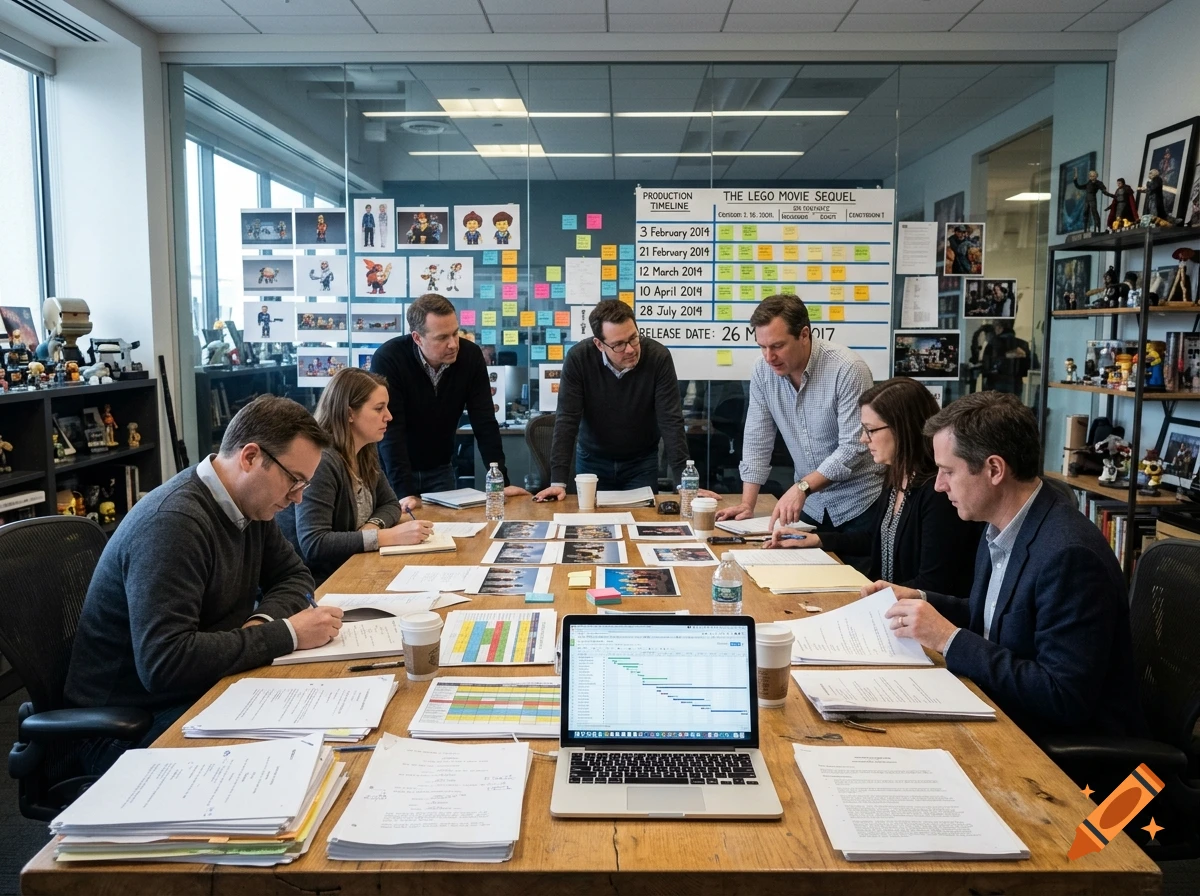 Photorealistic image of a team of people meeting around a wooden table in an office with a production timeline whiteboard.