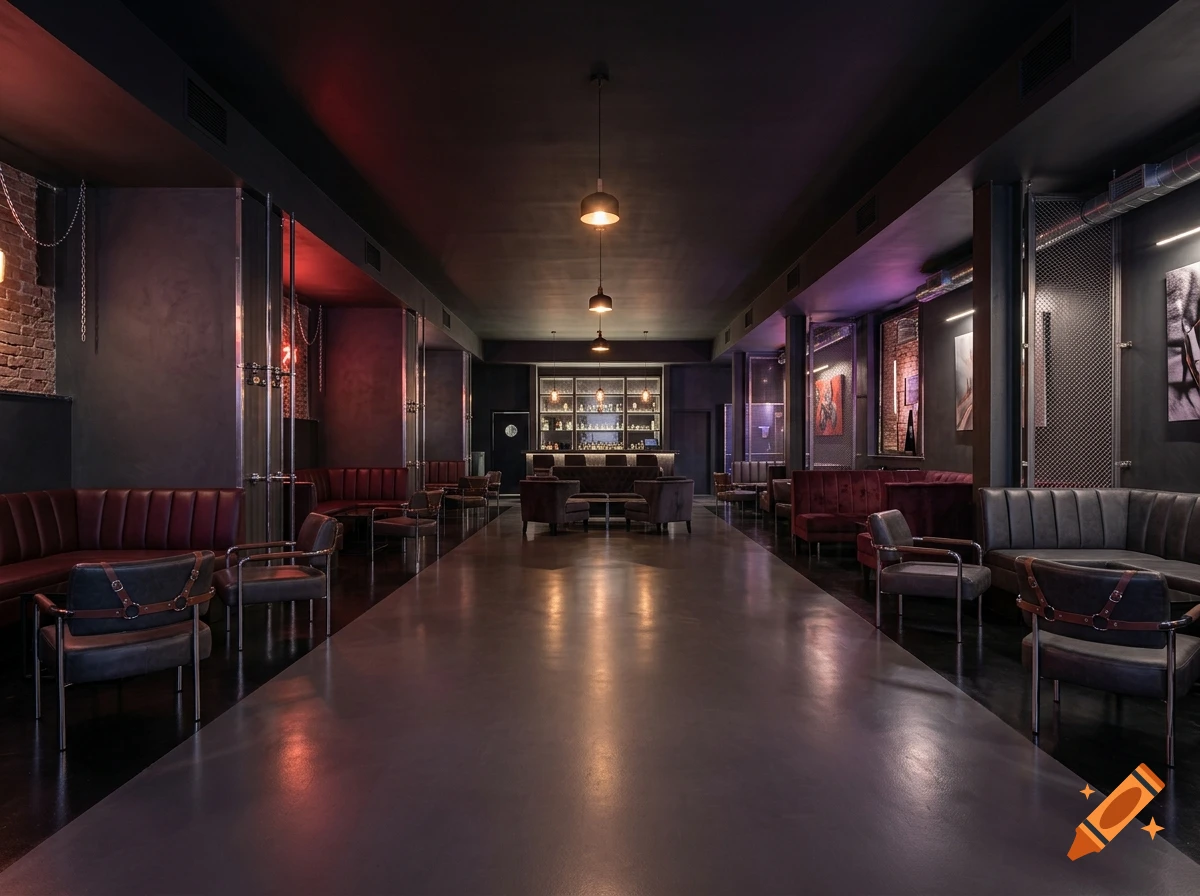 Photorealistic interior view of a stylish dark lounge with red ambient lighting, leather sofas, and a polished concrete floor.