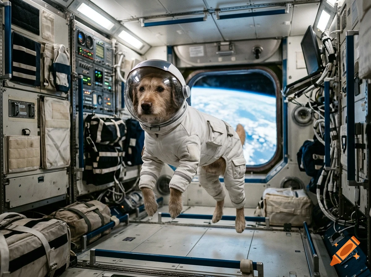 A fluffy dog wearing a space suit and helmet floats inside the cabin of a spacecraft, looking out a window at Earth.