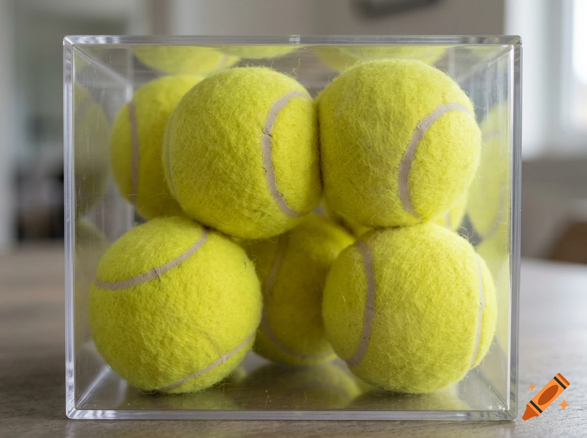 Transparent acrylic box filled with yellow tennis balls in a close-up shot.