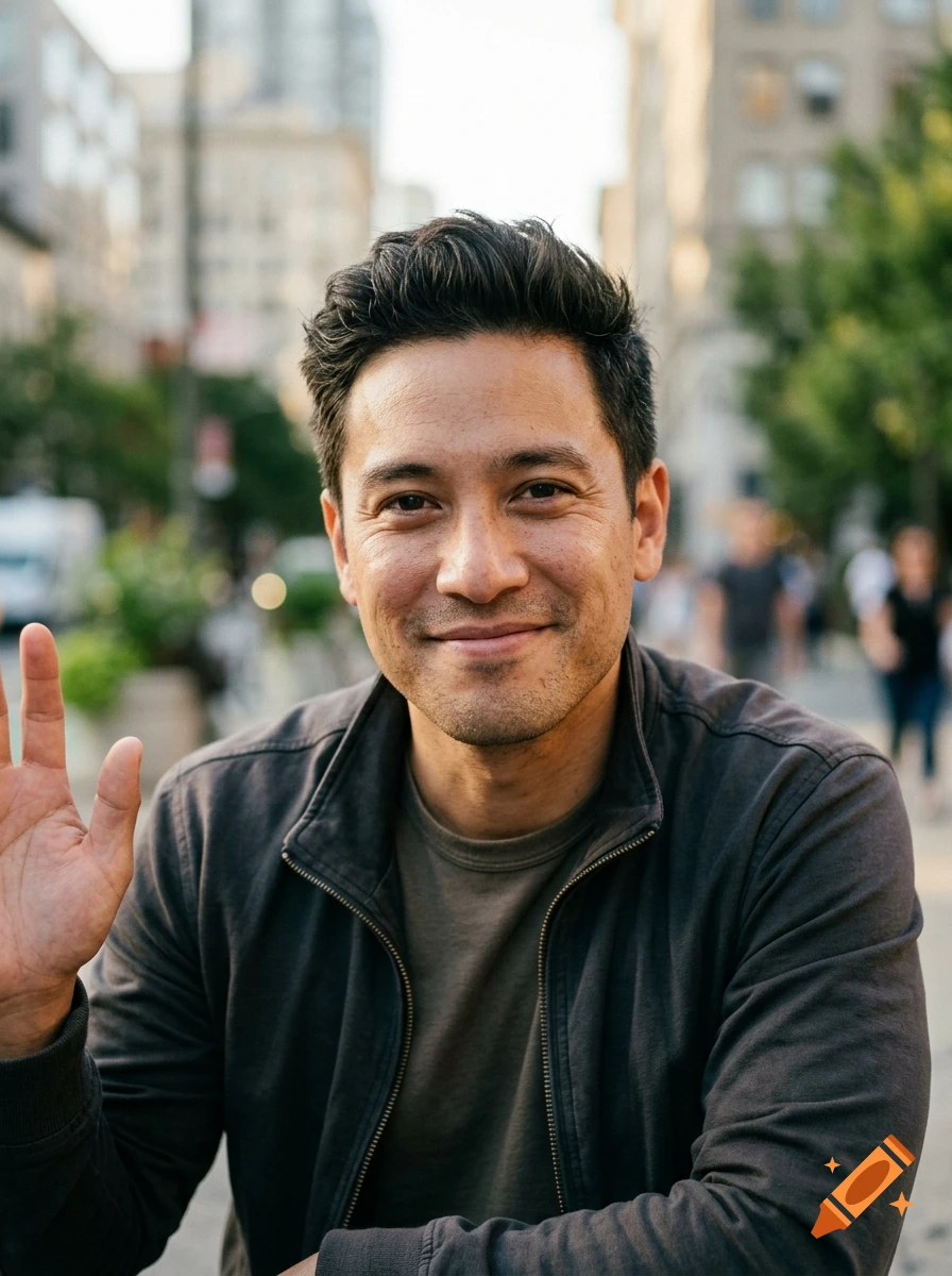Photorealistic close-up portrait of a smiling man with dark hair waving, outdoors in a city street.