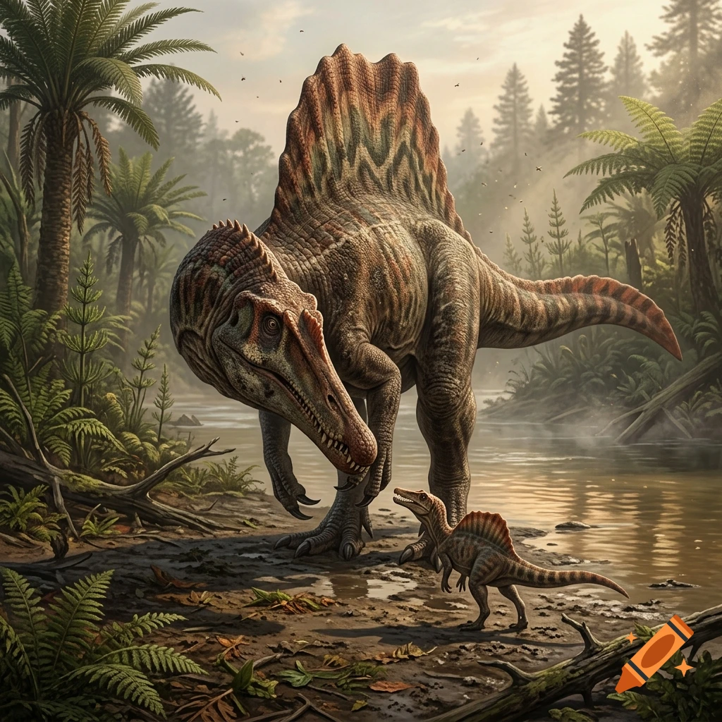 Digital paleoart of a large adult Spinosaurus looking down in confusion at a smaller baby Spinosaurus by a river in a prehistoric forest.