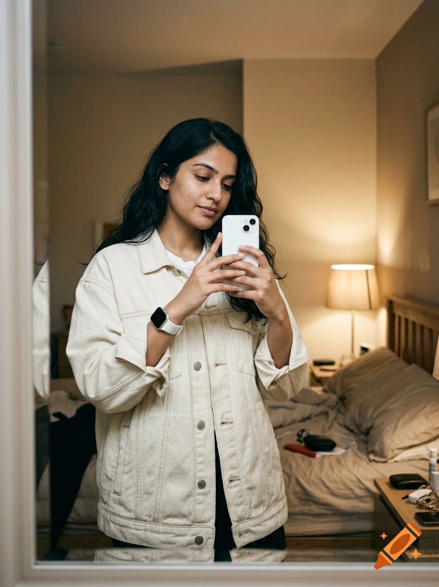 A self-assured young adult Indian woman in an oversized cream denim jacket takes a mirror selfie in a beige bedroom.
