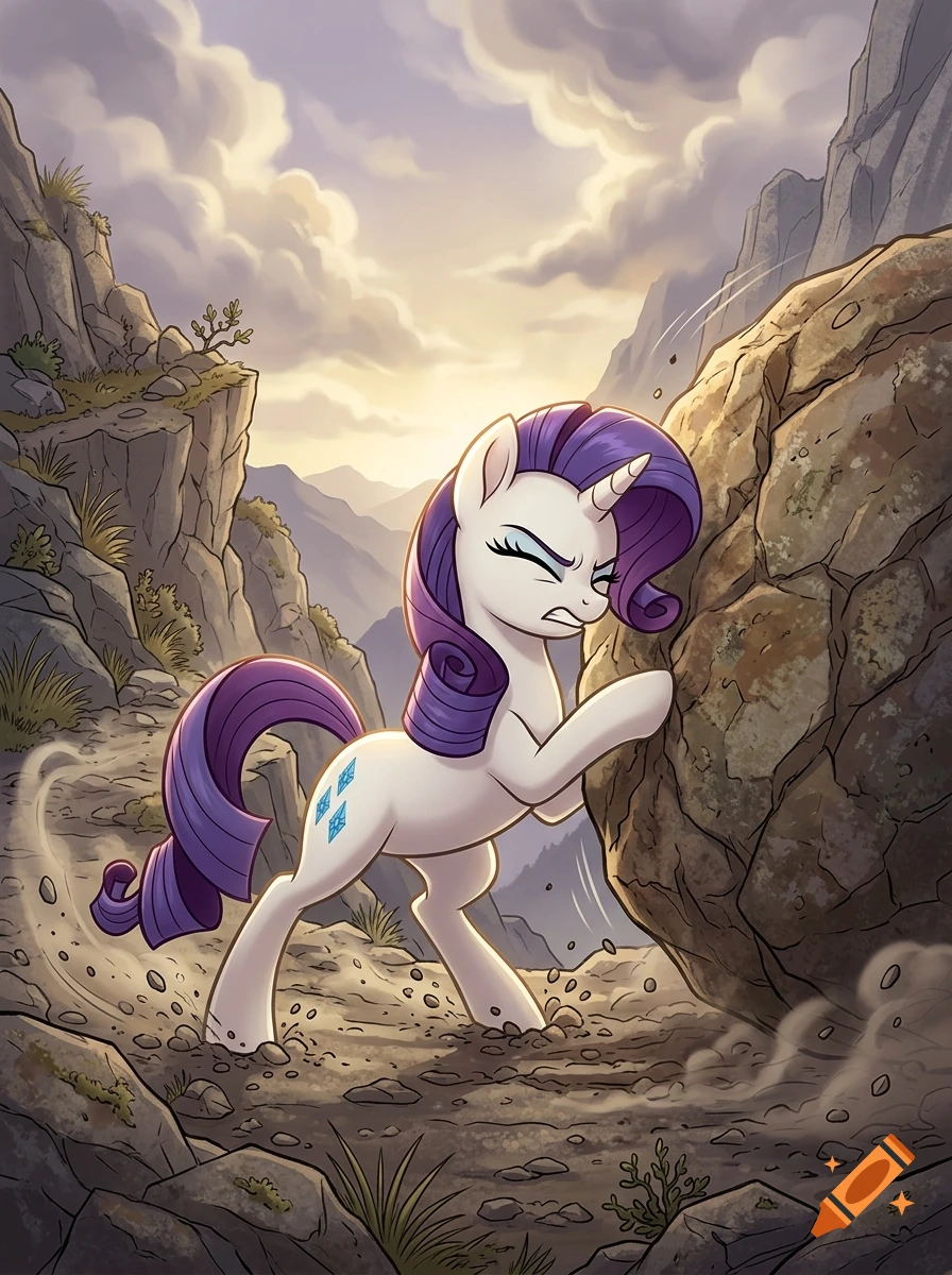 Rarity from My Little Pony pushing a large boulder along a mountain path, digital art style.
