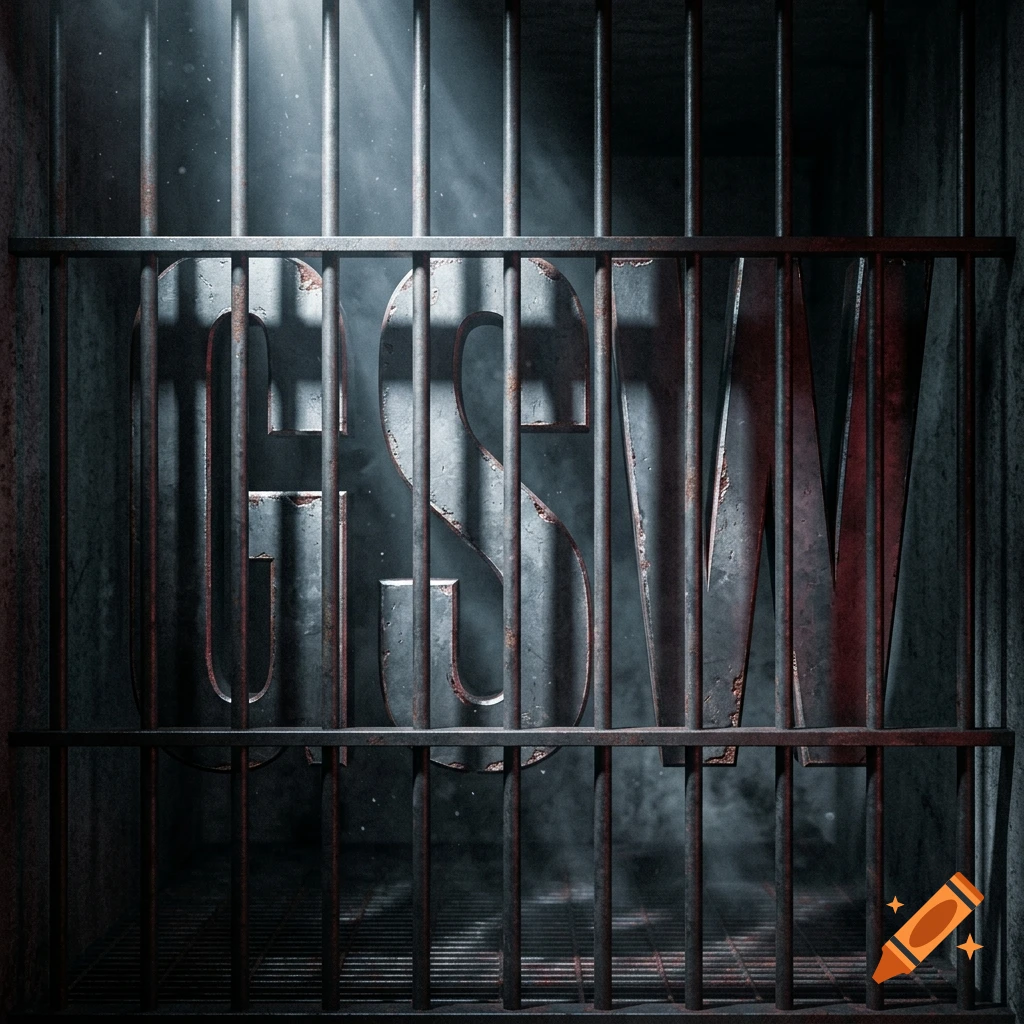 The letters GSW rendered in metallic texture behind rusty jail bars.