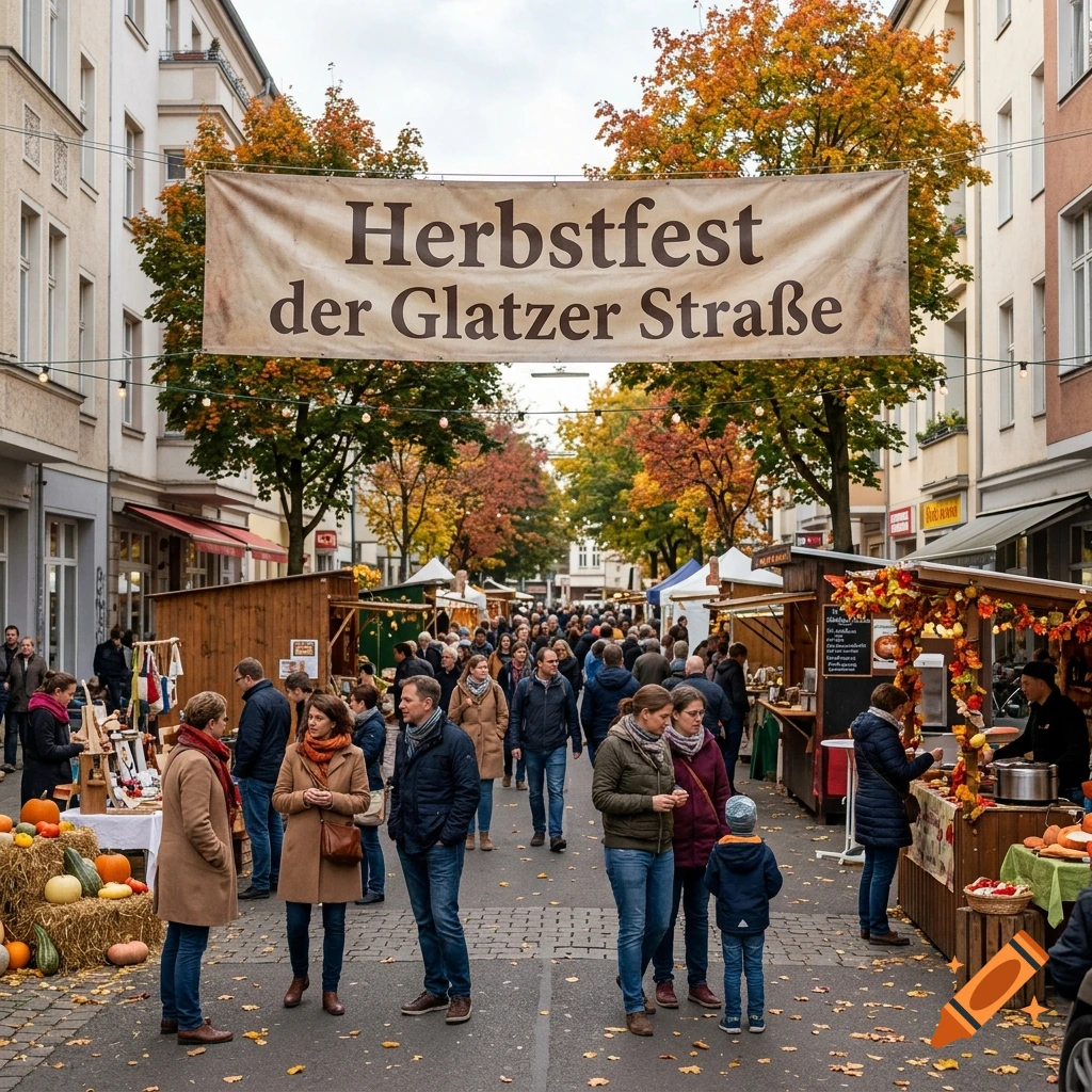 Photorealistic street scene of a fall festival market with people walking under a banner reading 'Herbstfest der Glatzer Straße'.