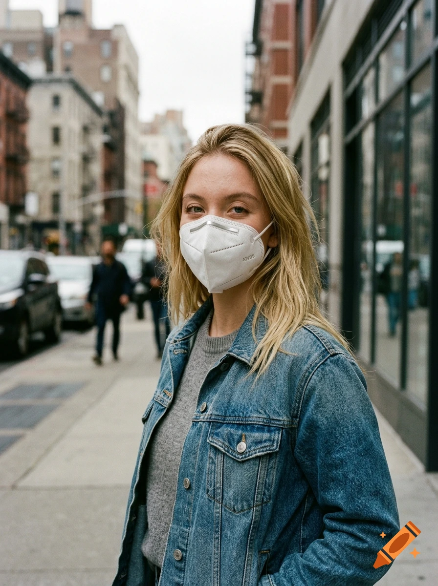 Photorealistic portrait of a woman wearing a white KN95 mask and a denim jacket on a city street.