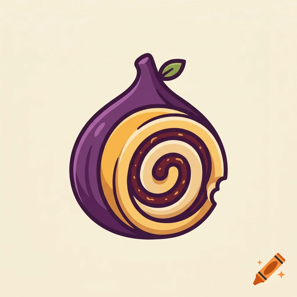 Digital illustration of a fig fruit sliced open to reveal a swirled fig roll pastry inside, with a small bite taken out, on a cream background.