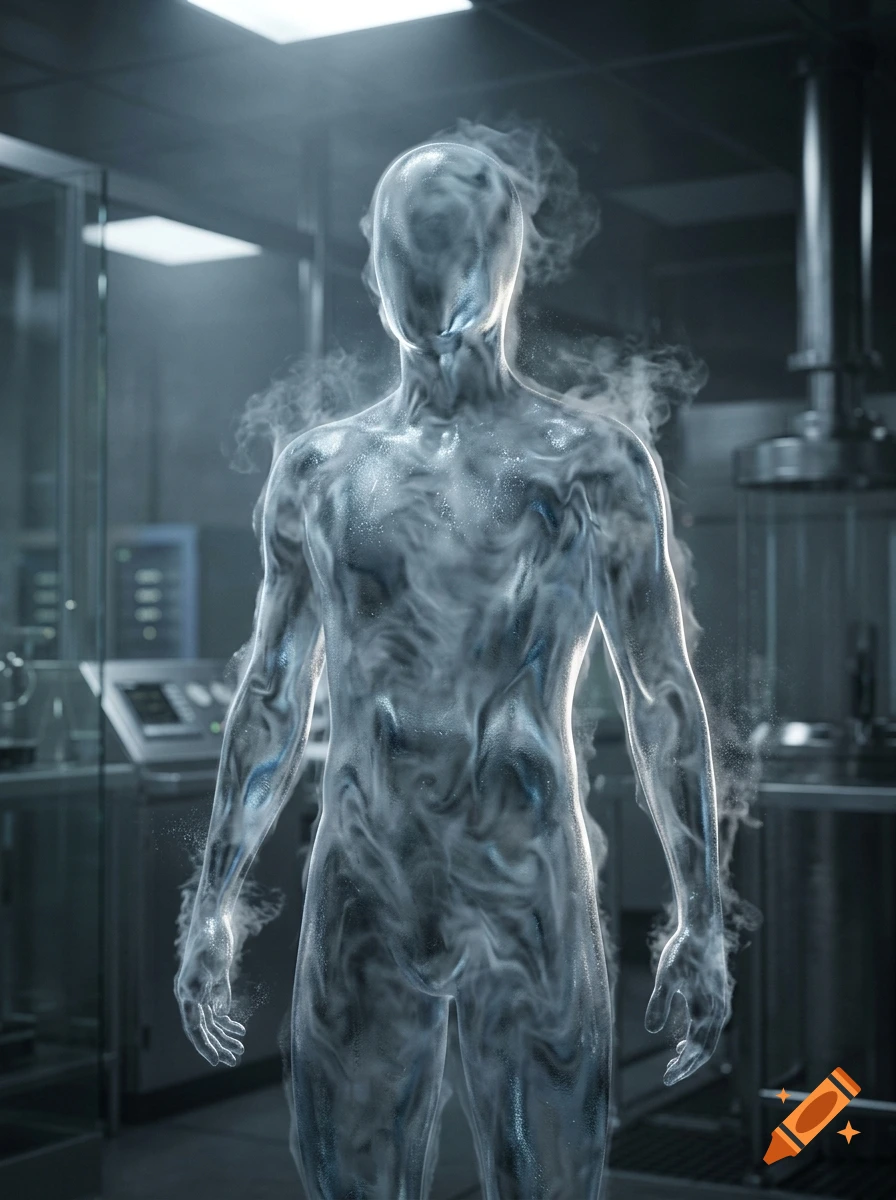 Photorealistic image of a humanoid figure made of swirling vapor and translucent silver standing in a laboratory.