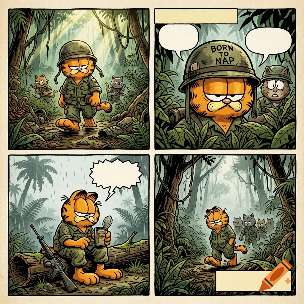 Comic strip of Garfield as a soldier in the Vietnam jungle wearing a helmet that says Born to Nap.