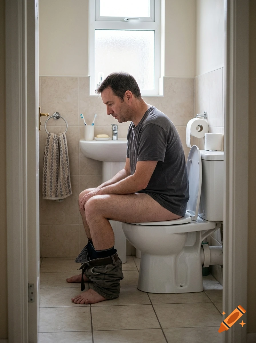 Photorealistic side view of a man sitting on a toilet in a small bathroom.