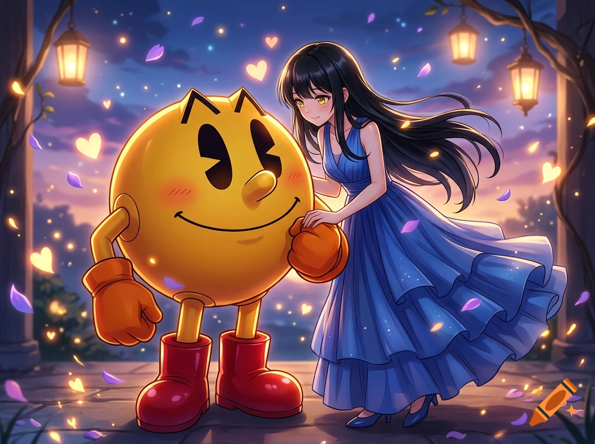 Anime style illustration of Pac-Man in orange gloves and red boots holding hands with a black-haired girl in a blue dress.