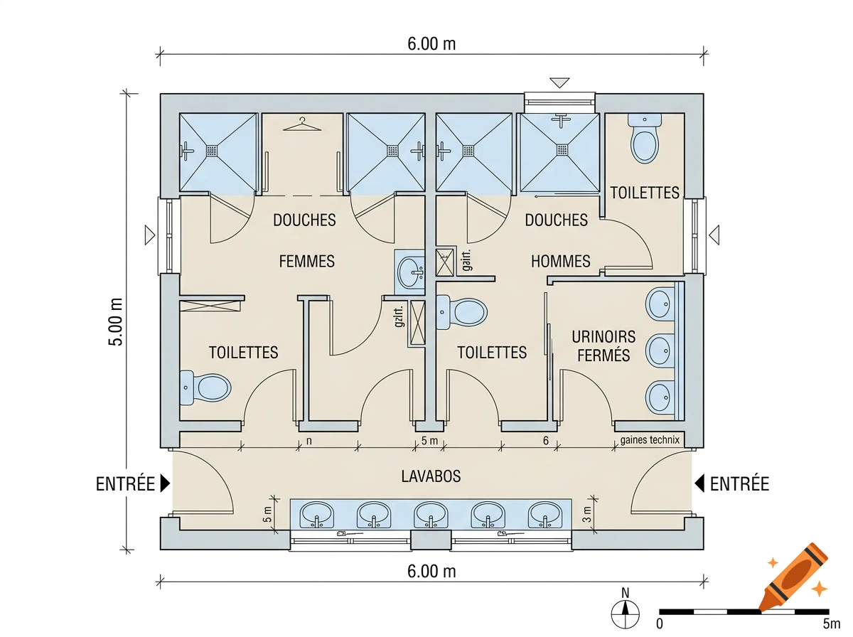 Architectural floor plan of a public restroom with separate facilities for men and women.
