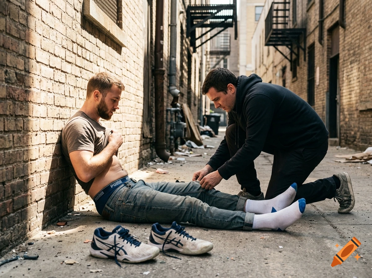 Photorealistic scene of a man in an alley leaning against a brick wall while another man kneels to search his pockets.