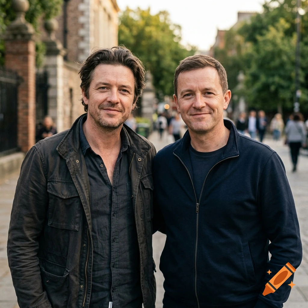 Photorealistic portrait of two men smiling while standing outdoors on a city street.