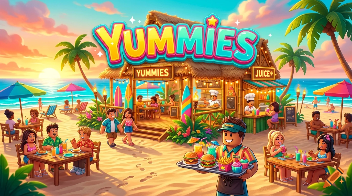 A vibrant digital illustration of a lively beachside cafe named Yummies at sunset, featuring Lego-style characters enjoying food and drinks.